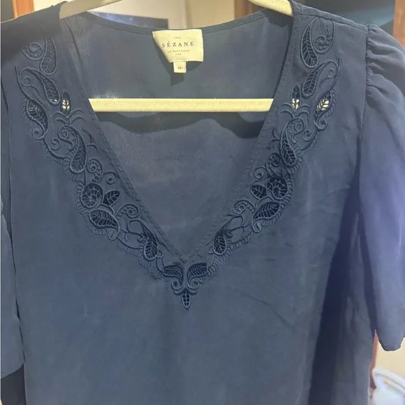 Sezane Navy Embroidered V-Neck Blouse- 100% Silk - Picture 6 of 6